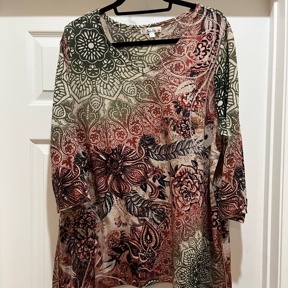 Soleillee Embellished Tunic Paisley Boho 3/4 Sleeve Size 2X